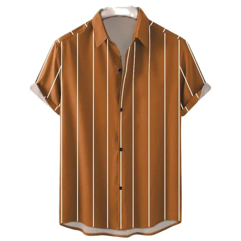 Men's Hawaiian Shirt Summer Stripes Print Short Sleeve Top Tees Fashion Casual Social Shirts Lapel Button Oversized Men Clothing