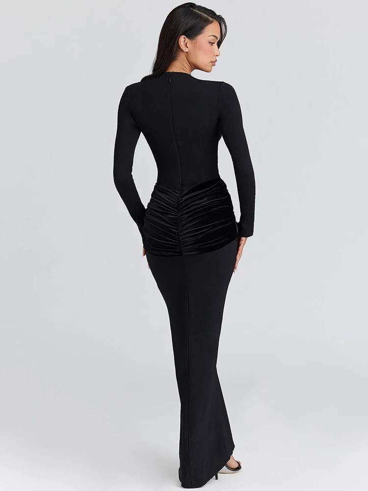 Mozision Long Sleeve High Waist Ruched Sexy Maxi Dress Women Gown Elegant Black Patchwork O Neck Bodycon Club Party Long Dress