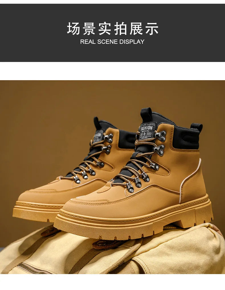 New Men's Leather Boots Brand Retro Comfortable Boots for Men 2025 Fashion High Top Non Slip Casual Shoes Business Work Shoes