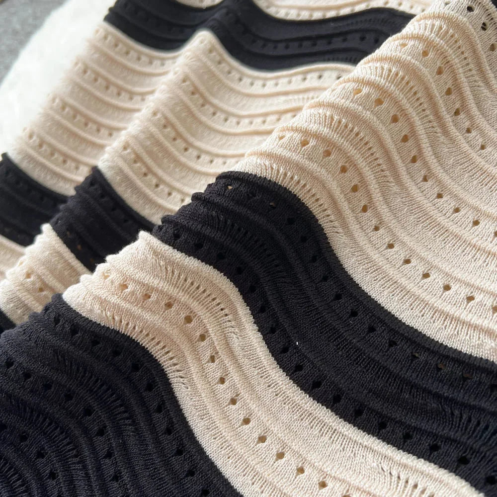 Short Sleeves Striped Long Dress Lapel Neck Hollow Out Slim Bodycon Sundress Fashion Hotsweet Knitted Beach Midi Dress