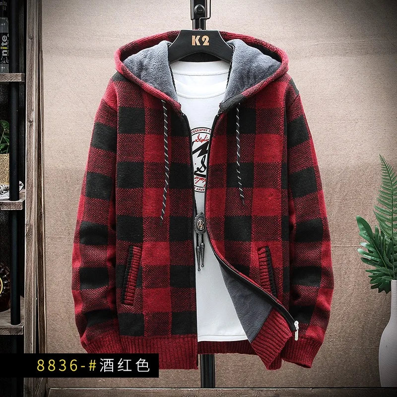 Men's Hooded Thickened Fleece Knitwear Casual Outerwear Winter Warm Plaid Cardigan Coat Large Size Comfortable Street Style