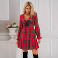 Women Plaid Dress Long Sleeve V Neck Bow Tie High Waist A Line Mini Dress Vintage Tartan Skater Dress Autumn Outfit