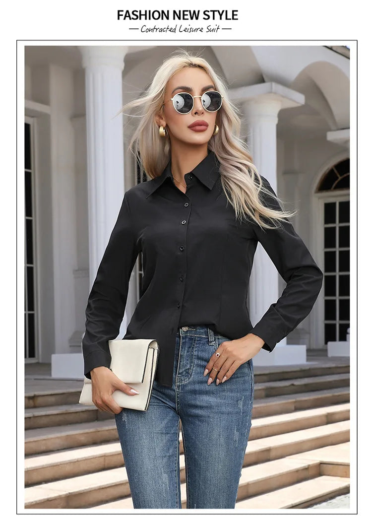 1pcs Woman Spring Autumn Solid color Shirts Lady Casual Long Sleeve Turn-down Collar Loose Shirt Female Fashion Temperament Tops
