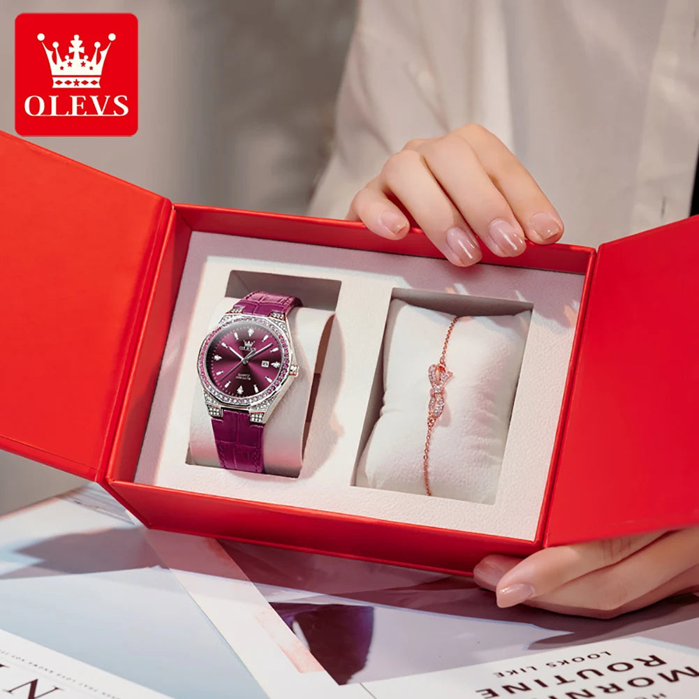 OLEVS NEW Women's Watches Pink Leather Strap Full Diamond New Style Date Waterproof Original Quartz Watch for Girl Fashion
