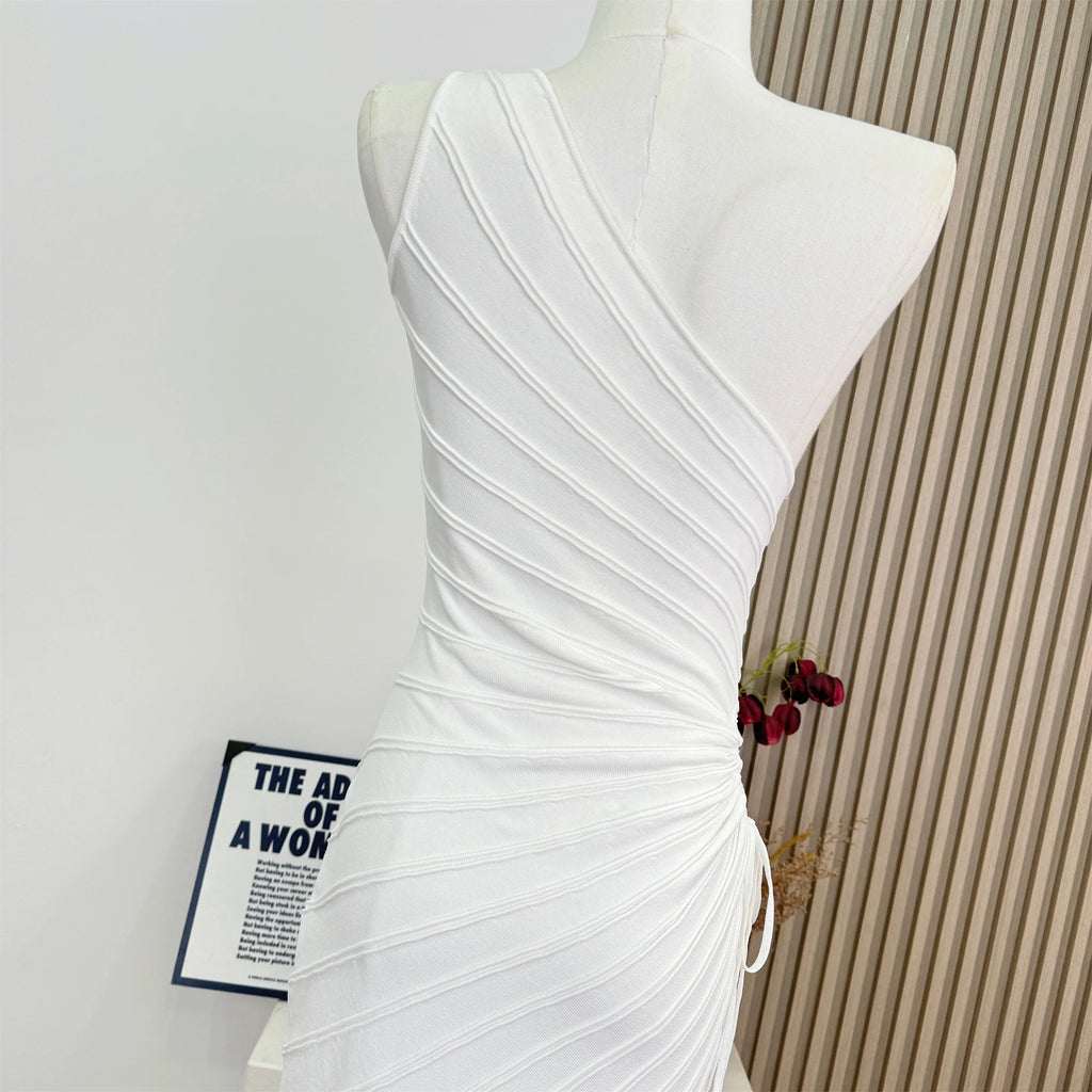 Women Elastic Summer Simple Party Dresses Sexy Irregular One Shoulder Stripe Sheath Pencil Dress