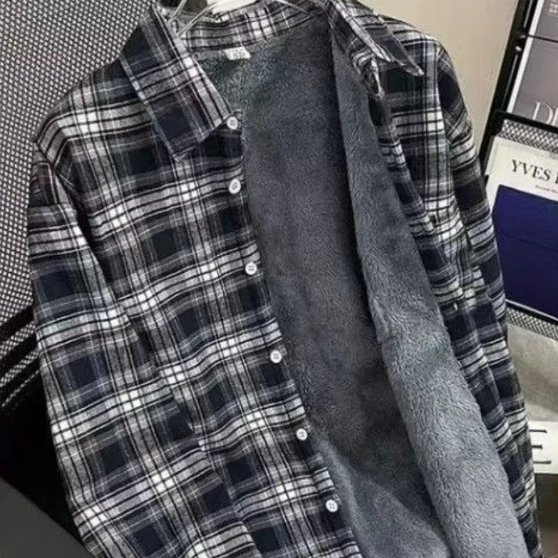 Men's Fleece Shirt Winter Thickened Long Sleeve Warm Shirts Black White Plaid Casual Button with Pocket All Matching Tops Coats