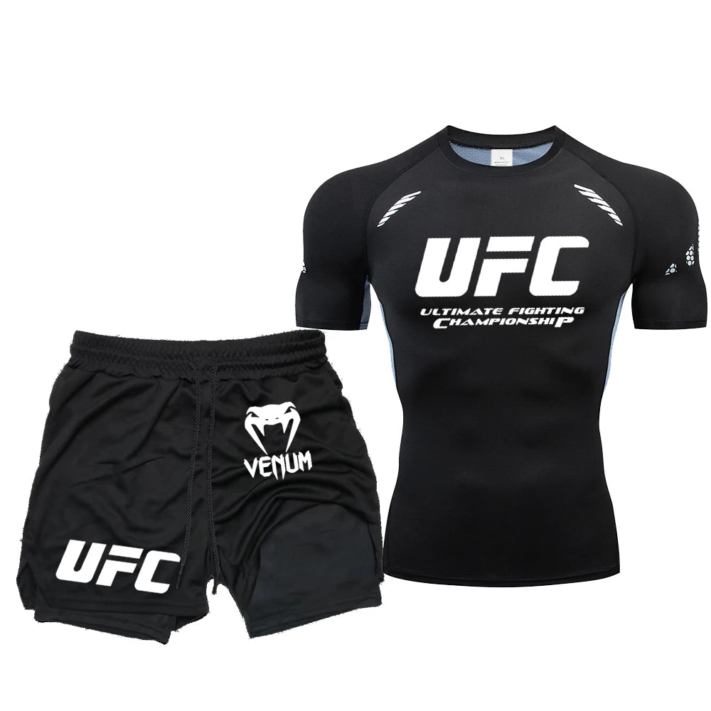 Summer Outdoor Sports Fitness Short Sleeve Street Jogging Top Set UFC Men's New Fighting Tight Elastic T-shirt Pants Set