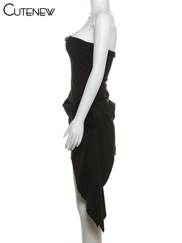 Nibber Floral Solid Mini Dress Women Basic Trend Birthday Party Chic Irregular Strapless Cross Sheath Vestidos Concise Clothing