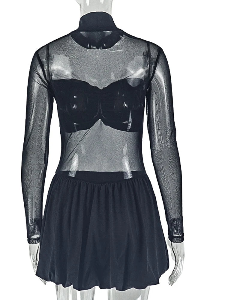 Beyprern Sexy Sheer Mesh Long Sleeve Mini Dress Y2K Women See Through Bodycon Short Skirt Stand Clubwear Party Outfit