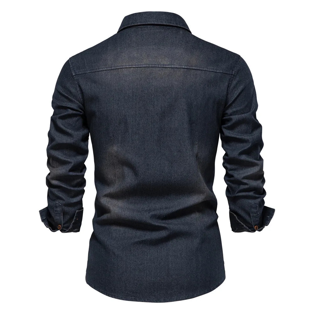 Men's casual solid - color long - sleeve denim shirt, a fashionable and versatile breathable cotton coat.