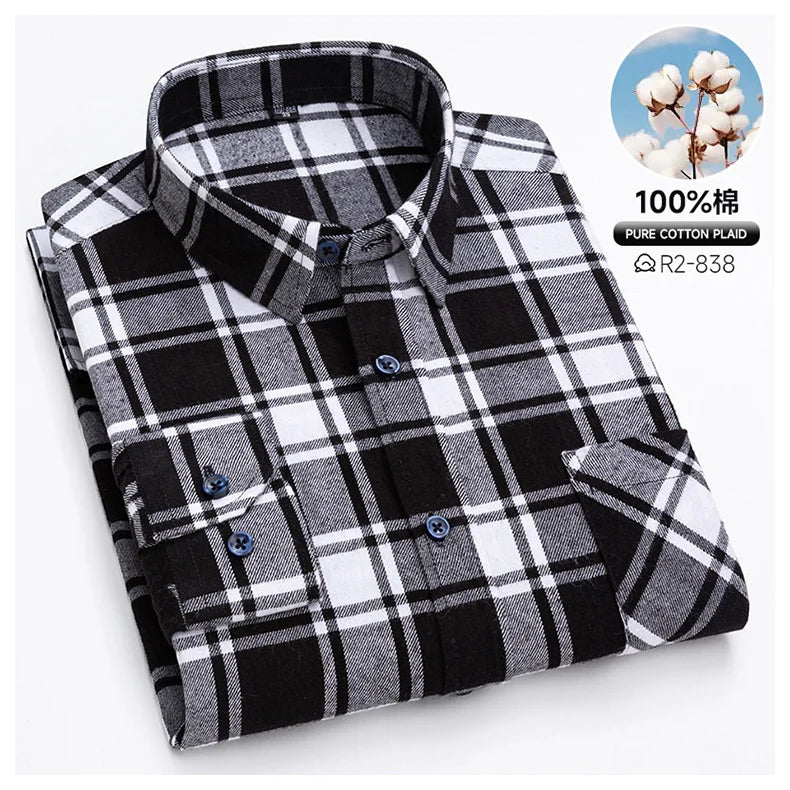 Pure Cotton Men's Plaid Shirts Long Sleeved Regular Fit Casual Office Fashion Shirts Leisure Autumn Male Check Blouses Plus Size