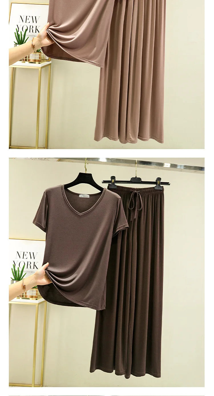 Modal Homewear 2pcs Pajamas set Short sleeve Tops and Trousers Solid color Casual Loose Sleepwear suit Plus size Nightwear