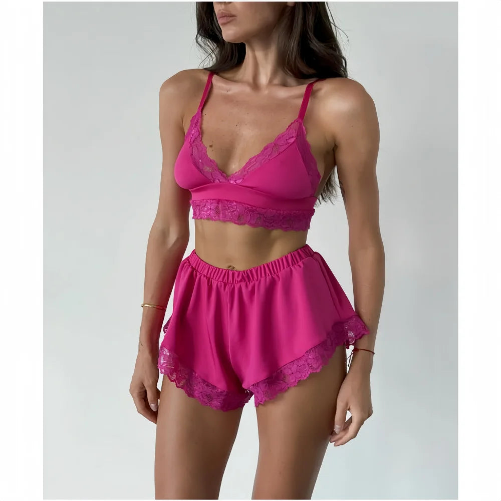 Sexy Lace Splicing Lingeries Sets Woman V Neck Spaghetti Strap Satin Bra And Shorts Pajama Set Casual Home Sleepwear Set