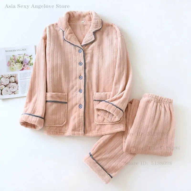 Couple Pajamas Winter Thick Coral Fleece Lapel Cardigan Sleepwear Flannel Men Women's Home Clothes Intimate Lingerie Nightwear