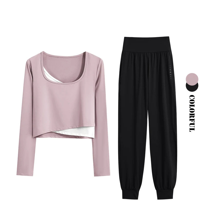 DRUR Women Yoga Set Loose Fit Gym Outfit Long Sleeve Top Pants 2 Piece Sportswear Outfit Running Jogging Suit Fitness Clothing