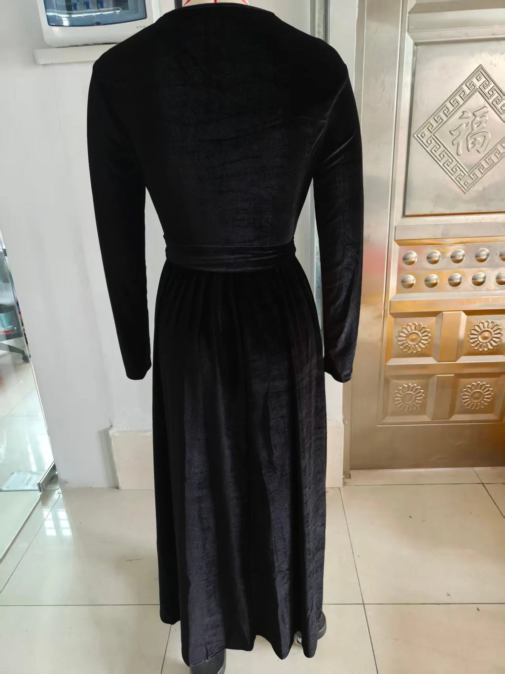 Elegant Women's German Velvet Long Sleeve Dress Autumn Winter New Slim Fit Fashion Waist Tie Female Bridesmaid Long Pocket Dress