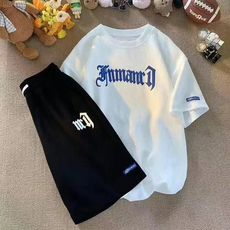 Cross-border Waffle Casual Summer Ice Silk Short-sleeved Sports Clothes Set Men's T-shirt Men's Clothing Set Matching