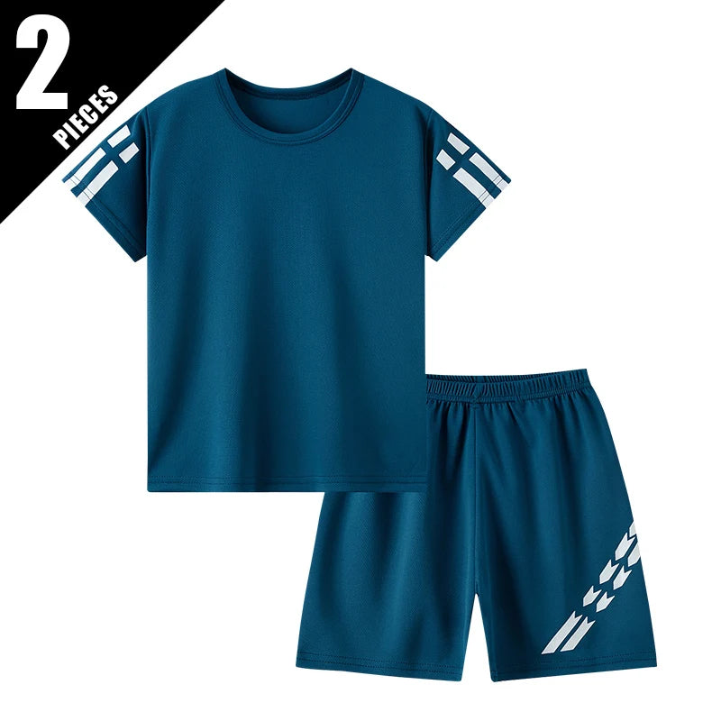 2/4 Pcs Boys' Summer Solid Color Quick Drying Breathable Set Big Kids' Loose Sports Running Hiking Outdoor Short sleeved Shorts