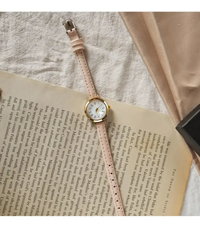 Women Brown White Small Round Watches Versatile Thin Strap Leather Band Ladies Quartz Watch Wristwatch Clock Reloj Mujer