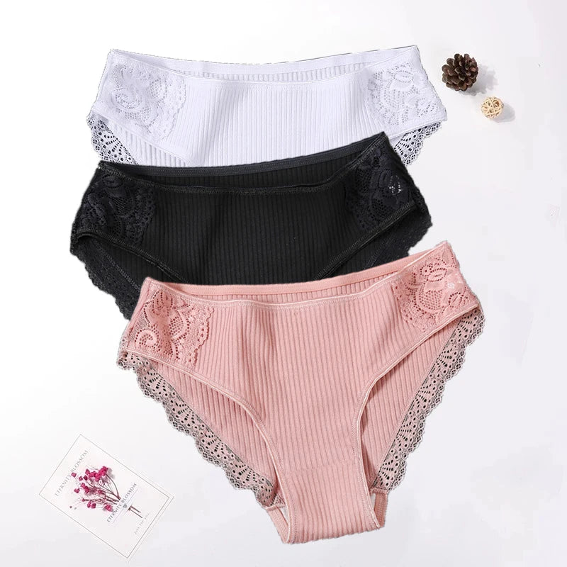 Floral Lace Cotton Women Panties Underwear Women Briefs Comfortable Female Underpants Solid Color Pantys Lingerie M-XXL 3PCS/Set