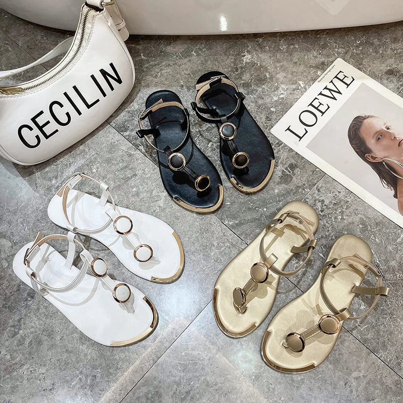 New Summer Sandals Buckle Flip Flops Flat with Casual Roman Open Toe Sandals Small Heel Daily Sandalies for Women Plus Size 43