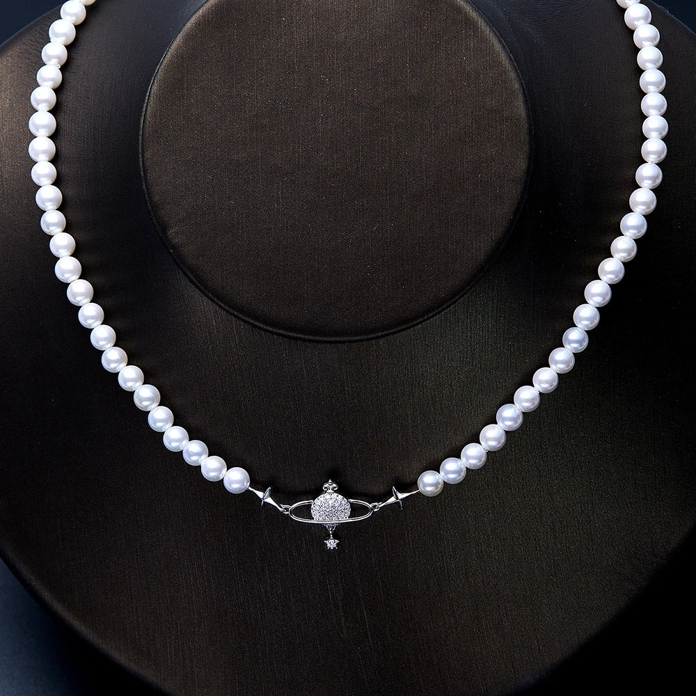 100% 925 Sterling Silver Pearl Shell Necklace Choker For Women Saturn Pearl Necklace Stereoscopic Saturn Pendant Pearls Choker