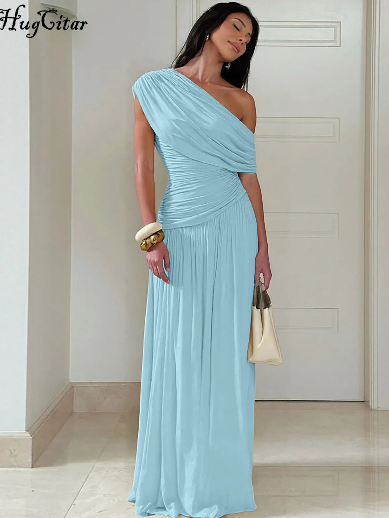 Hugcitar One Shoulder Ruched Sleeveless Solid Pleated Sexy Irregular Y2K Maxi Dress Summer Elegant Party Women Clothes Vacation