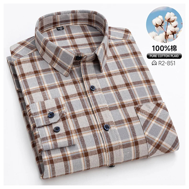 Pure Cotton Men's Plaid Shirts Long Sleeved Regular Fit Casual Office Fashion Shirts Leisure Autumn Male Check Blouses Plus Size