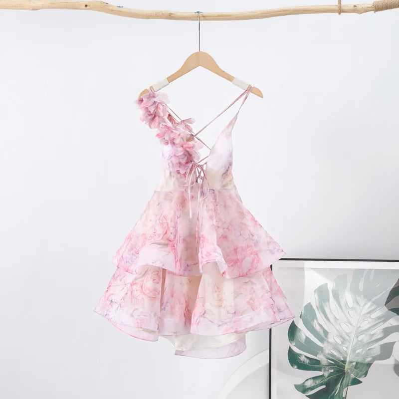 Chic Floral Printed Mini Dress Backless Sleeveless Hem Stacking Dresses Sweet A Line Vestidos 2025 New Lady Party Club Clothing