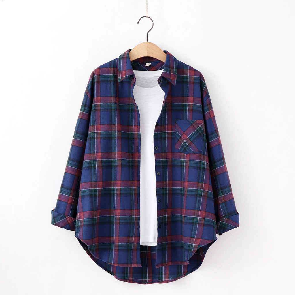 Fresh Flannel Plaid Shirt Women 2025 New Female Blouses and Tops Cotton Loose Long Sleeve Casual Shirts Fine Women's Clothes