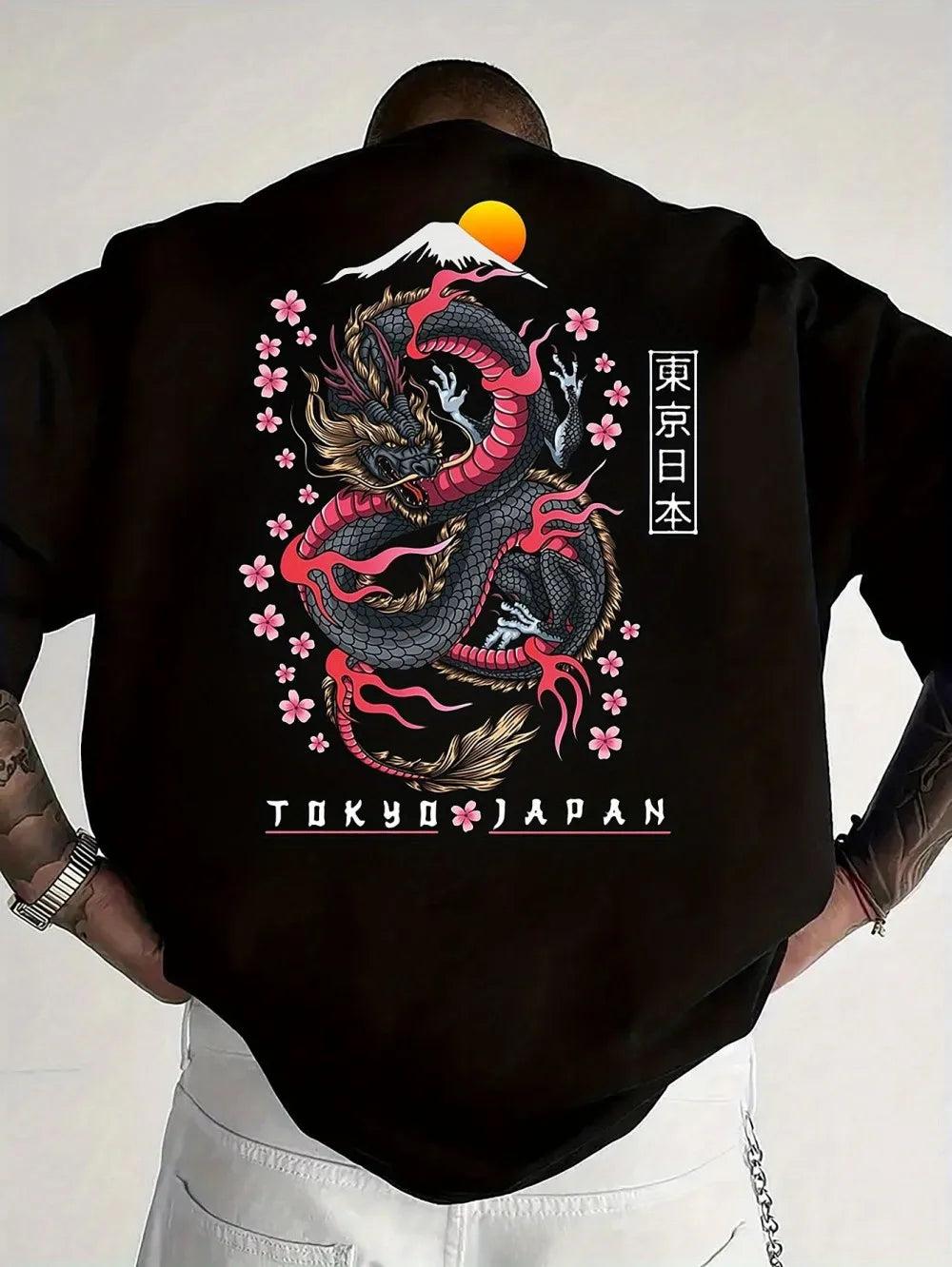 Fashionable men's summer new dragon print flower comfortable breathable round neck T-shirt outdoor street style top