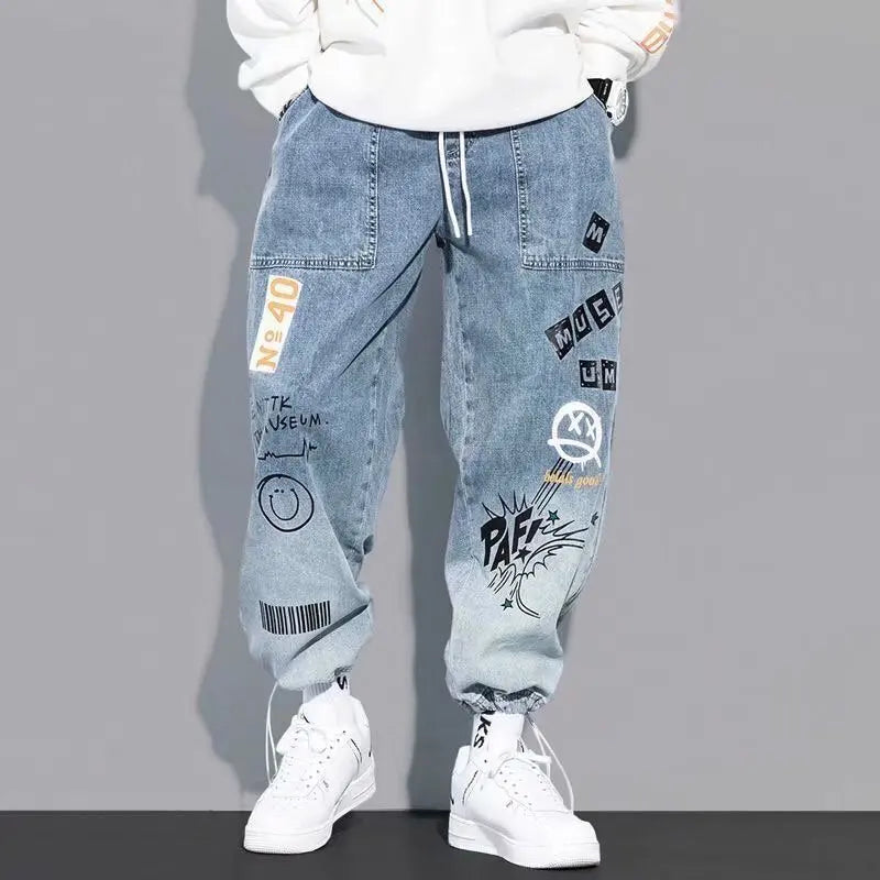 Korean Clothing  Men Letter Printed Jeans High Waisted Baggy Jeans Cartoon Graffiti Hip-Hop Pants Blue Jeans