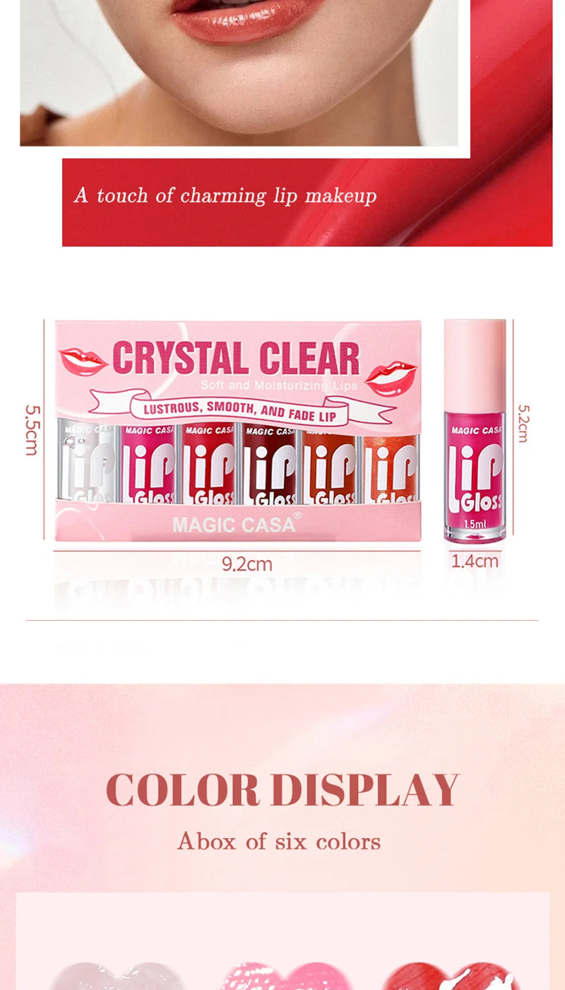MAGIC CASA 6-Piece Set Water-Gloss Jelly Lip Oil - Plumping, Hydrating, Makeup Base, Long-Lasting Moisture