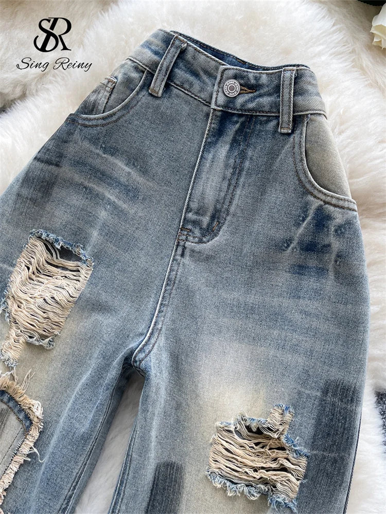 SINGREINY Autumn Vintage Denim Long Pants Female High Waist Hole Design Hotsweet Trousers Streetwear Patchwork Wide Legs Jeans