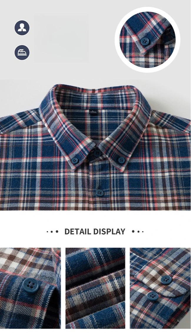 100% Cotton Flannel Shirt Men's, Plaid Casual Jacket, Anti-Wrinkle, Multi-Color Gold Quality Long-Staple Cotton S-4XL