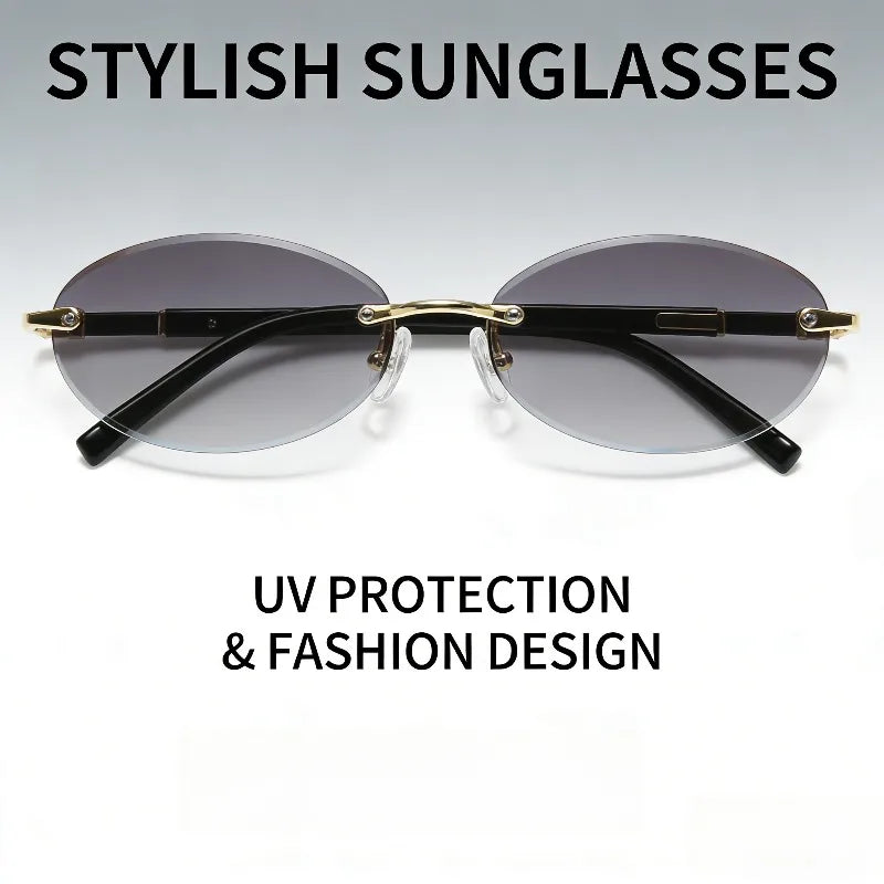 Popular Fashion Women Men Shades Oval Sun Glasses for Female Male Traveling Rimless Sunglasses Lentes De Sol Hombre Óculos