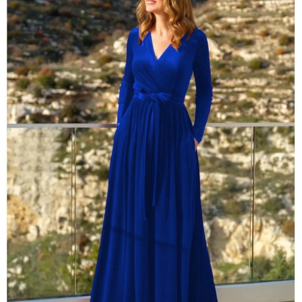 Elegant Women's German Velvet Long Sleeve Dress Autumn Winter New Slim Fit Fashion Waist Tie Female Bridesmaid Long Pocket Dress