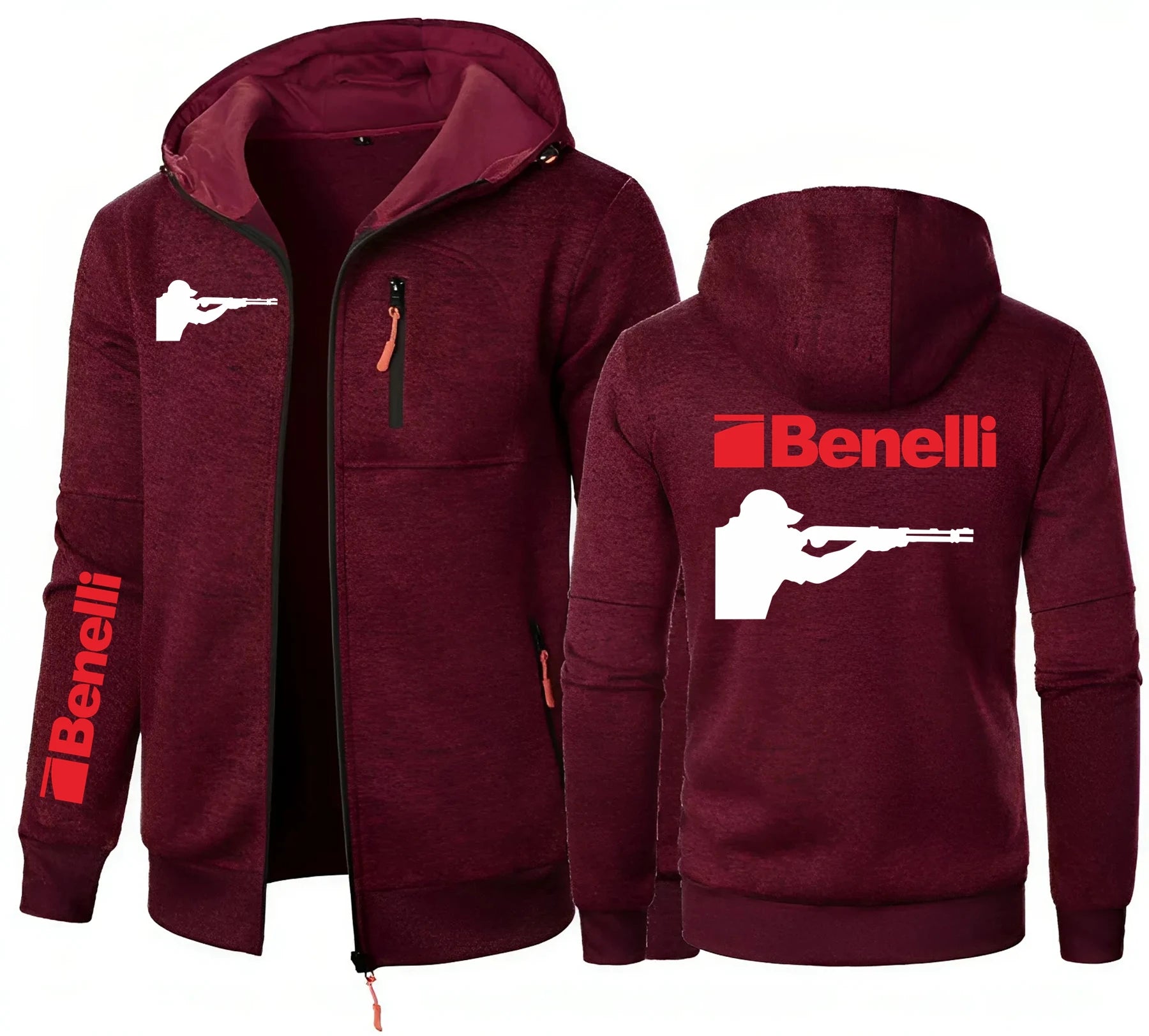 Hunting BENELLI Gun Firearms Logo Men's Sweater Cardigan Hooded Zipper Pocket Jacquard Hoodies Jacket Sports Outdoor Sweatshirts