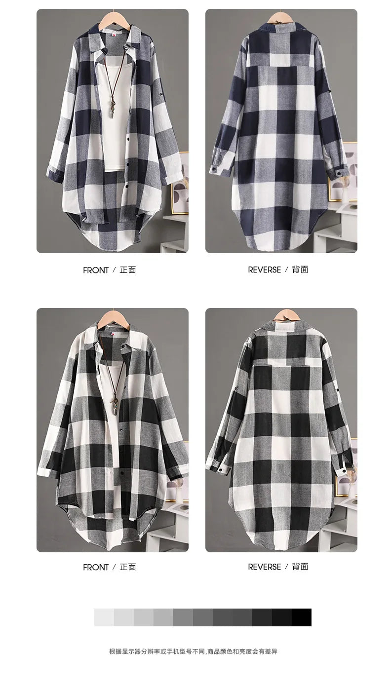 Women's Plaid Shirt Casual Blouses Woman Tops for Women Long Sleeve Long Sleeve Shirts Chic Blouse Check Linen Cotton Clothing