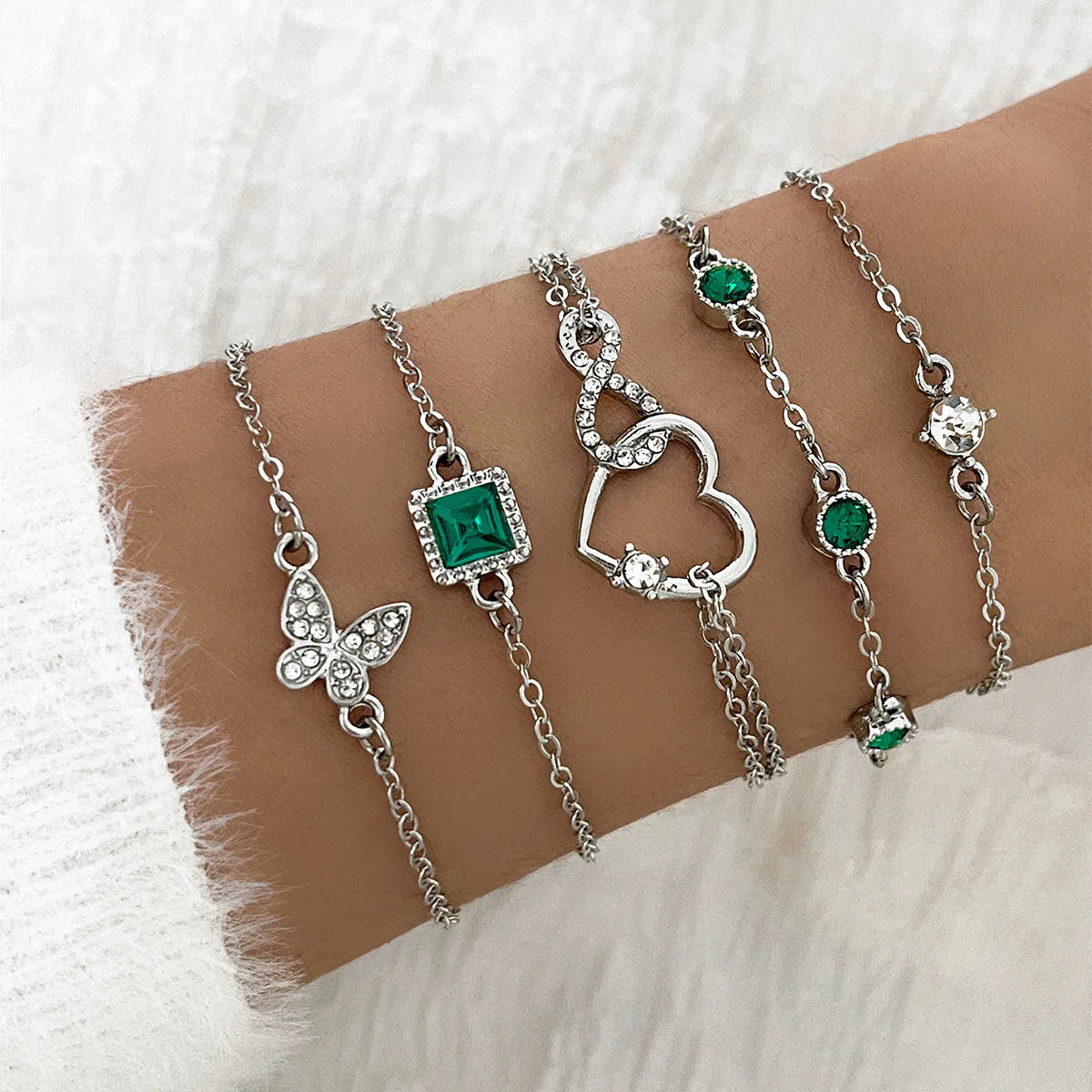 5Pcs/Set Halloween Heart Green Crystal Stone Bracelet Set for Women Gold Color Lovely Butterfly Rhinestone Girls Bracelet Set