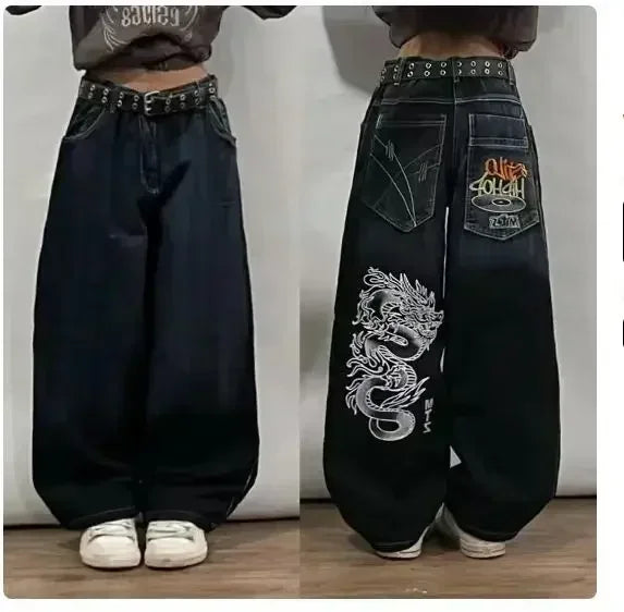 American Hip-hop Retro Loose Jeans Women's Y2K New Tide Harajuku High Waist Wide leg Pants Gothic Wide Pants Street Pants Male