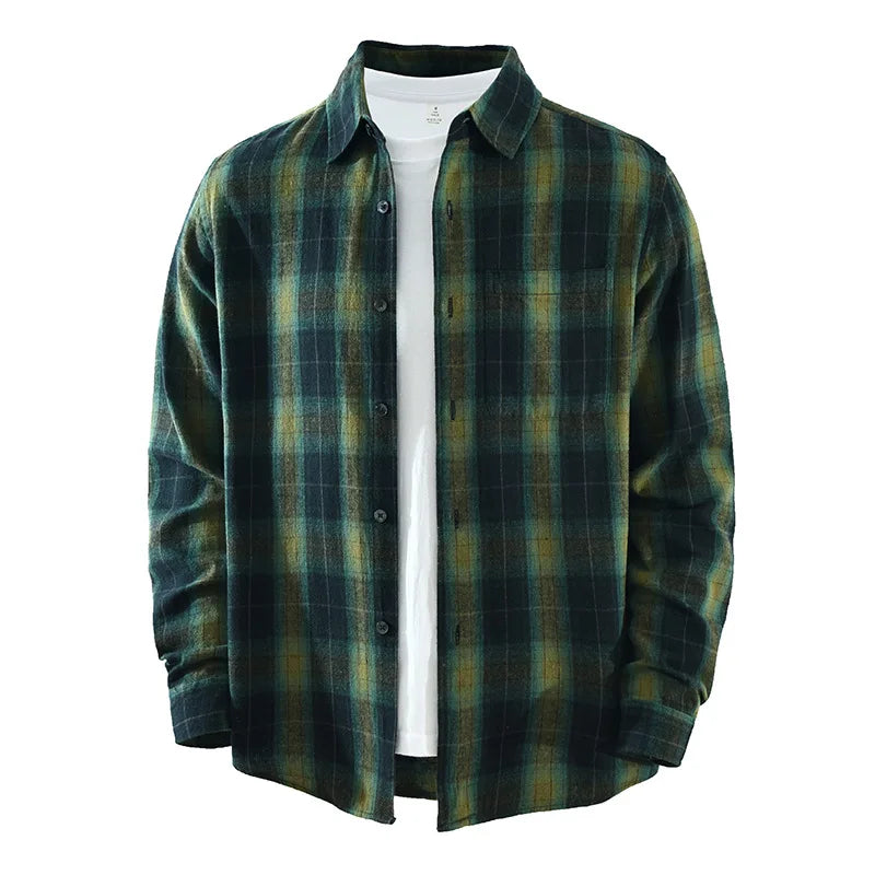 Oversized 100% Cotton Men's Plaid Shirt, Japanese Casual Style, Green Coffee Check Camping Fishing