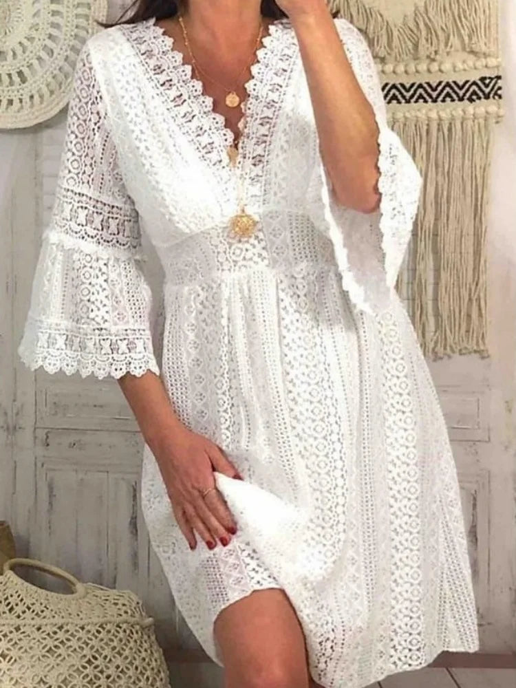 High Waist White Women Dresses Elegant Flare Sleeve Vestidos Summer Casual V-neck Hollow Out Lace Dress