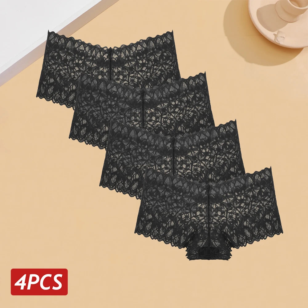 4PCS Women Floral Lace Panties Sexy Perspective Underwear V Waist Solid Color Underpants Female Breathable Intimates Lingerie