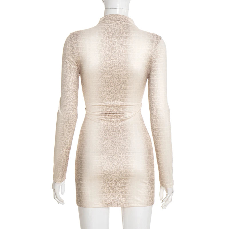CUTENOVA Fall New Arrival Hottie Girl Long-Sleeve Fitted Snake Print Stand Collar Bodycon Mini Dress Elegant Stylish Streetwear
