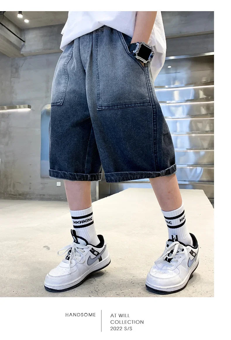 Boys Summer Denim Five-point Pants Kids Fashion Gradient Color Denim Shorts Trousers Teen Casual Jeans Children's Clothing