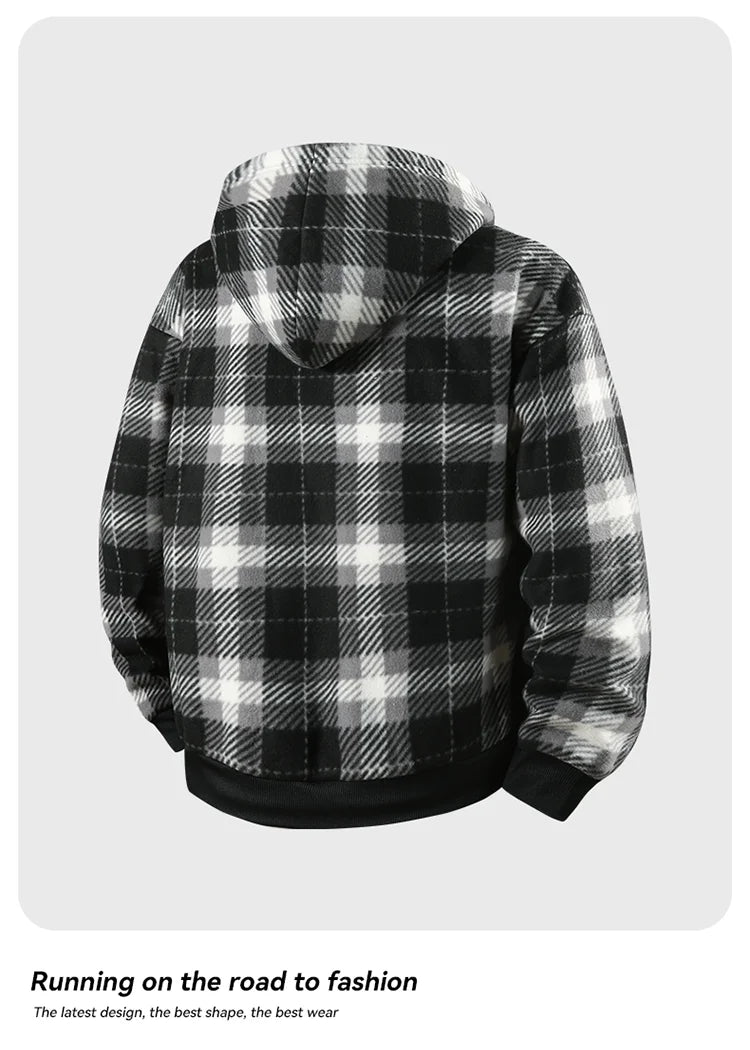 Men's New Plaid Hooded Jacket Sweater Autumn/Winter Fleece Coat Thickened Warm Casual Clothing Windproof Outerwear