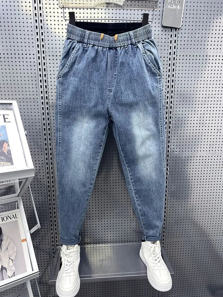 New Men's Loose Harem Jeans Elastic Waistband Slim Straight Leg Pants for Spring Autumn Low Rise Bottom Person Denim Trousers