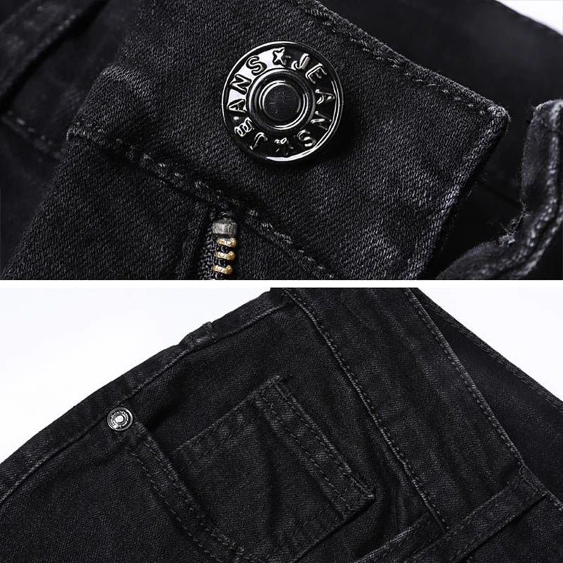 Amekaji Men Fashion  Slim Fit Jeans Male Elasticity Smart Casual Mid Classics Straight Denim Pants Wedding Party Black Trousers