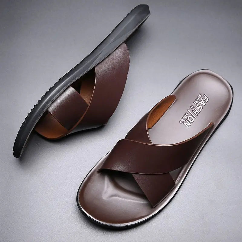 Men's Slippers Fashion Leather Slippers Outdoor Non Slip Beach Shoes for Men Light EVA Soft Sole Slippers 2025Summer New Slides